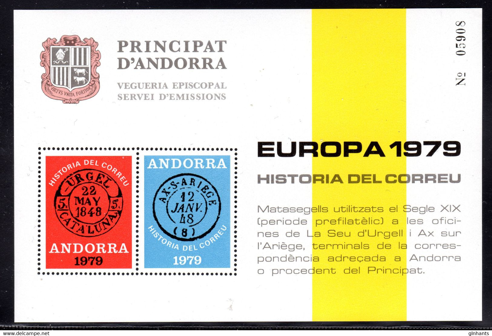 ANDORRA - 1979 VEGUERIA EUROPA HISTORIA DEL CORREU BLOCK FINE MNH ** - Bischöfliche Viguerie