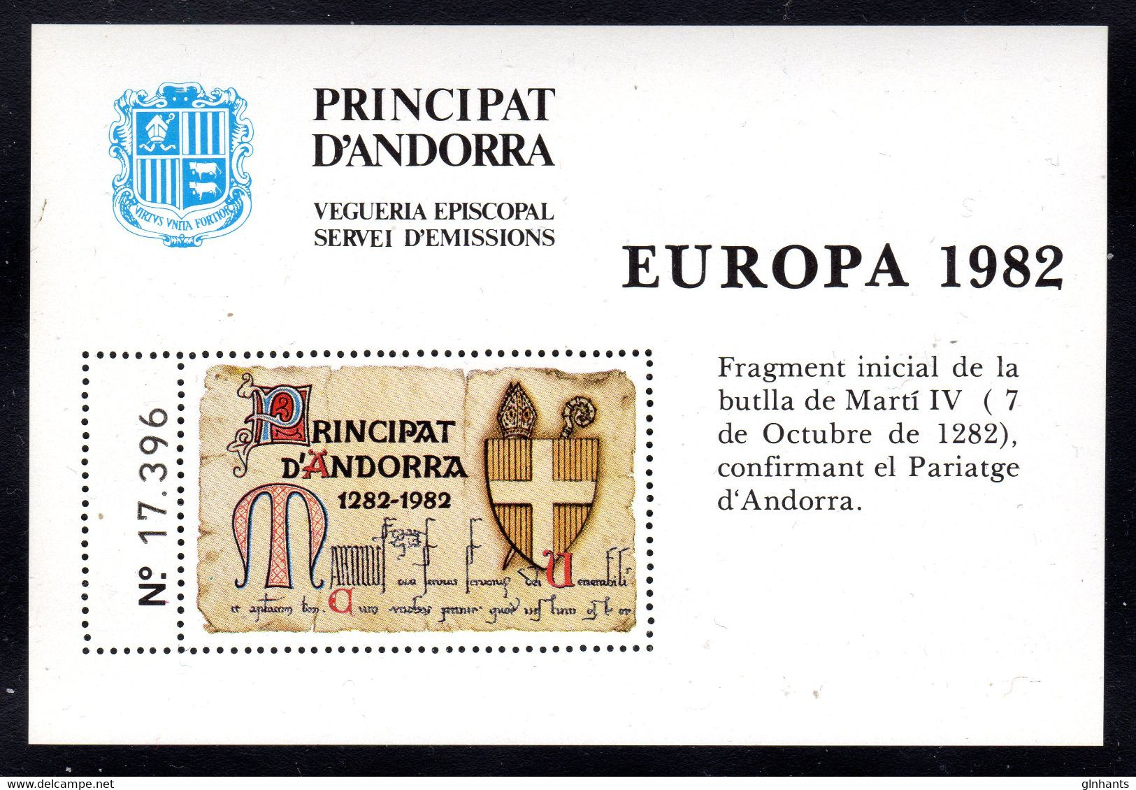 ANDORRA - 1982 VEGUERIA EUROPA HISTORIA DEL CORREU BLOCK FINE MNH ** - Bischöfliche Viguerie