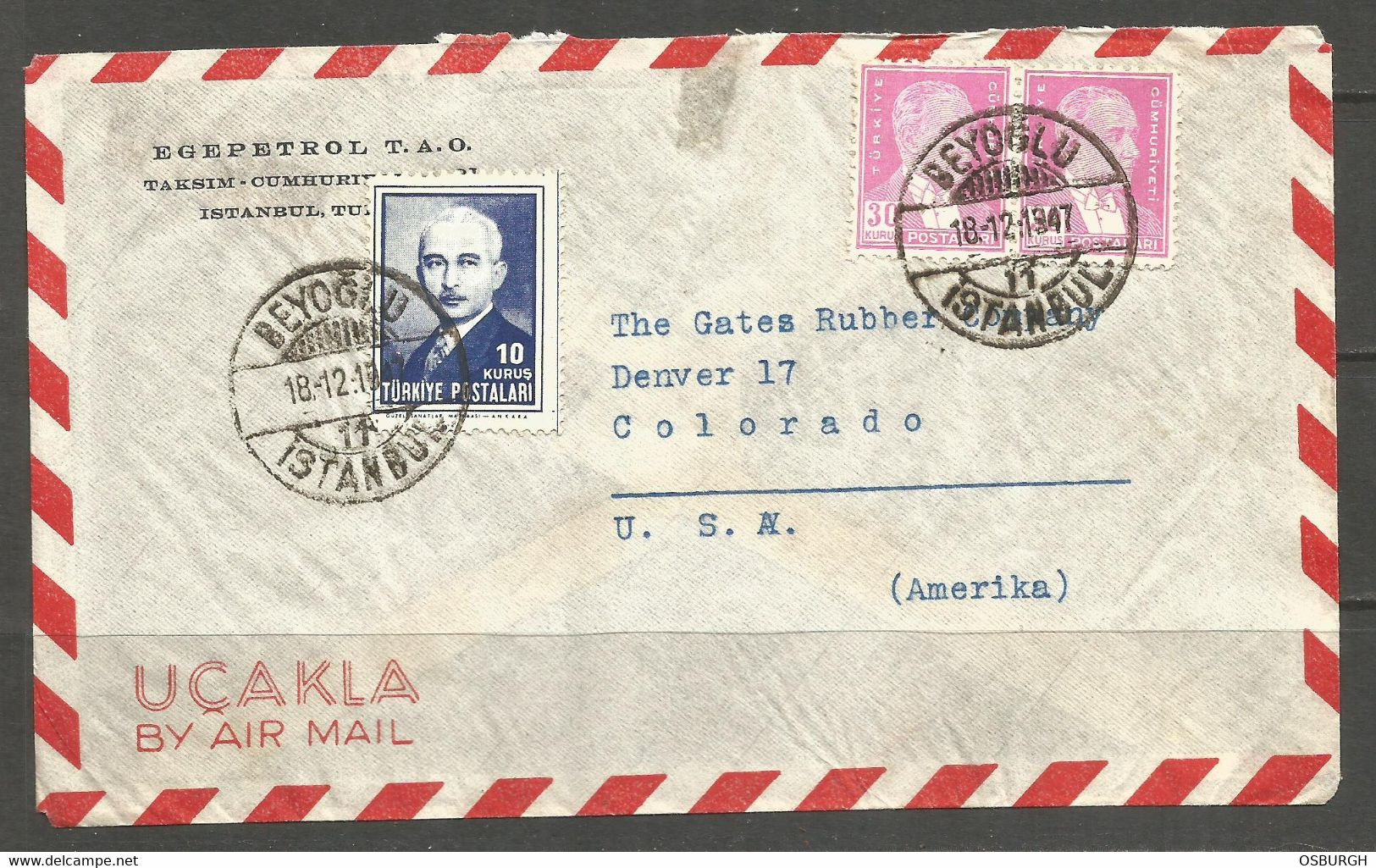 TURKEY / USA. 1947. AIR MAIL COVER. BEYOGLU. EGEPETROL. ADDRESSED TO DENVER - Lettres & Documents