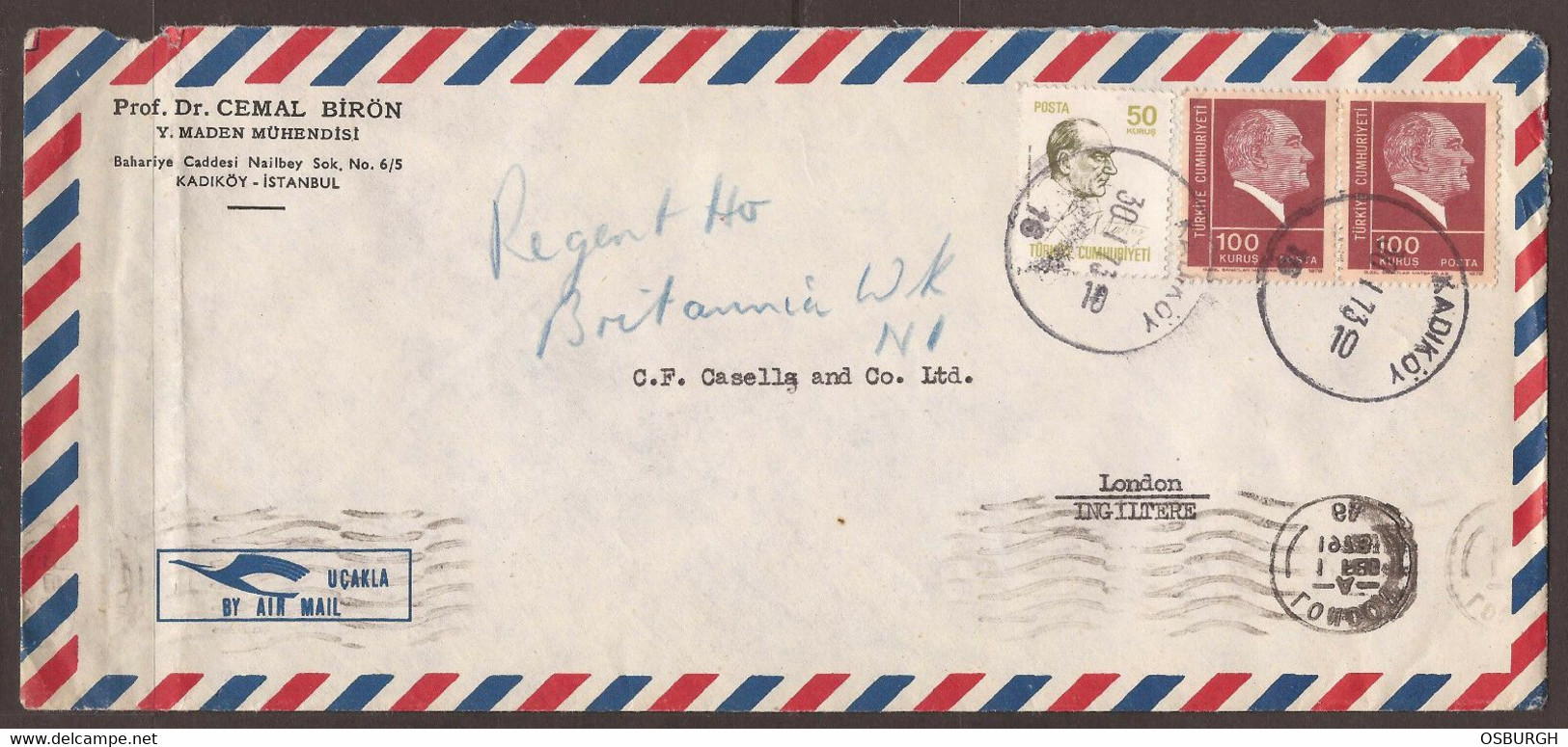 TURKEY. 1973. AIR MAIL COVER KADIKOY TO ENGLAND. MINING & ENGINEERING-CEMAL BIRON. - Briefe U. Dokumente