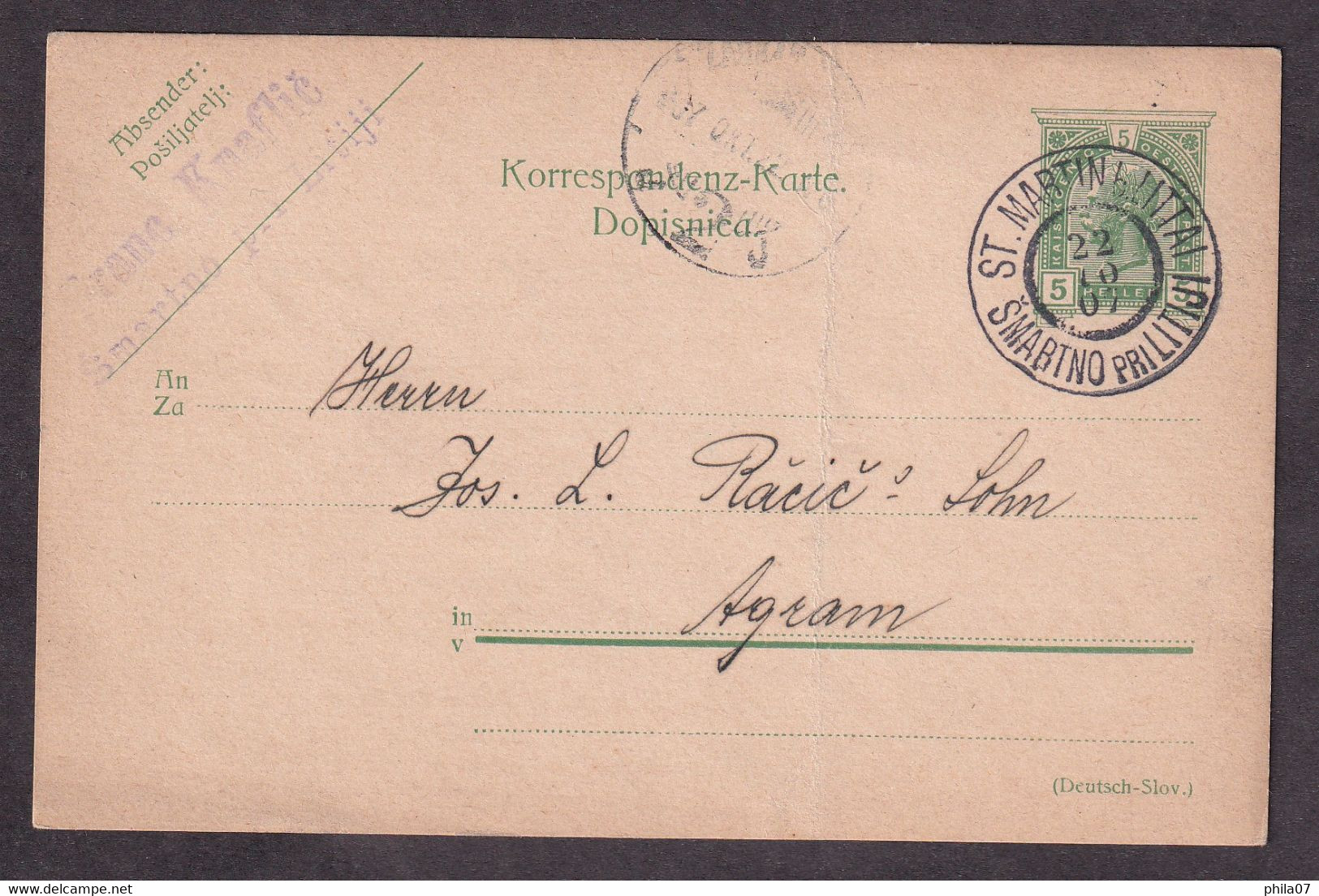 Austria/Slovenia - Stationery Sent From ŠMARTNO Pri LITIJI To Zagreb 22.10.1907. - Covers & Documents