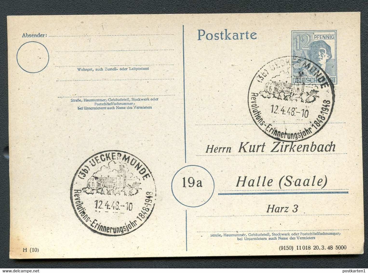 P962/05 Postkarte ZUDRUCK  Zirkenbach Halle Sost. Revolution 1848-1948 Ueckermünde  1948 - Ganzsachen