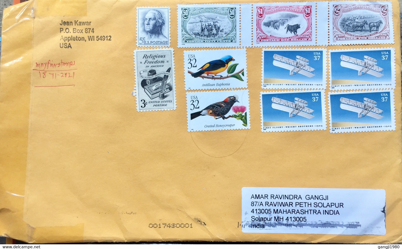 USA 2021, USED COVER TO INDIA,11 STAMPS AFFIXED,ALL ARE WITHOUT CANCELLATION!!! FACE VALUE 5.70 $ BIRDS ,AEROPLANE HORSE - Brieven En Documenten