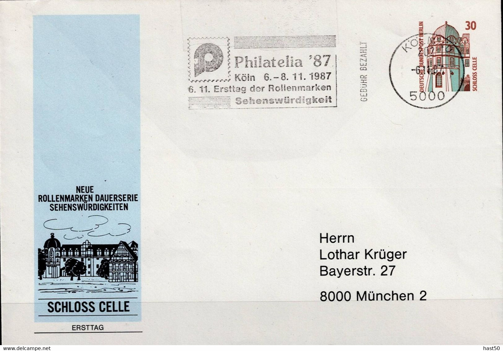 Berlin - Privatumschlag "Schloss Celle" (MiNr: PU 148 B1/001b) 1987 - FDC - Privatumschläge - Gebraucht