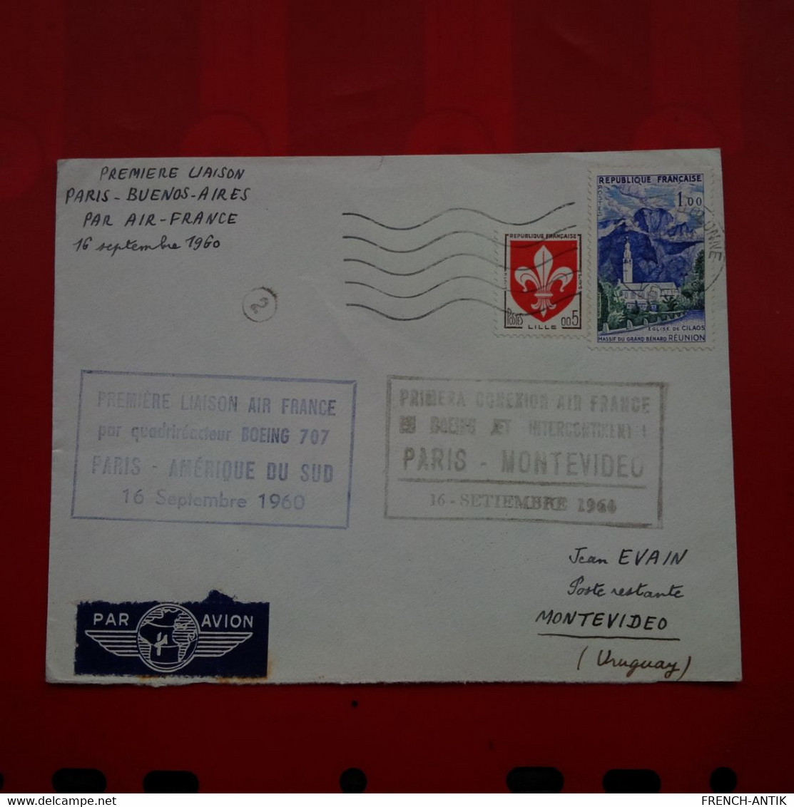 LETTRE PREMIERE LIAISON PARIS BUENOS AIRES PAR AIR FRANCE 1960 CACHET PARIS MONTEVIDEO - Briefe U. Dokumente
