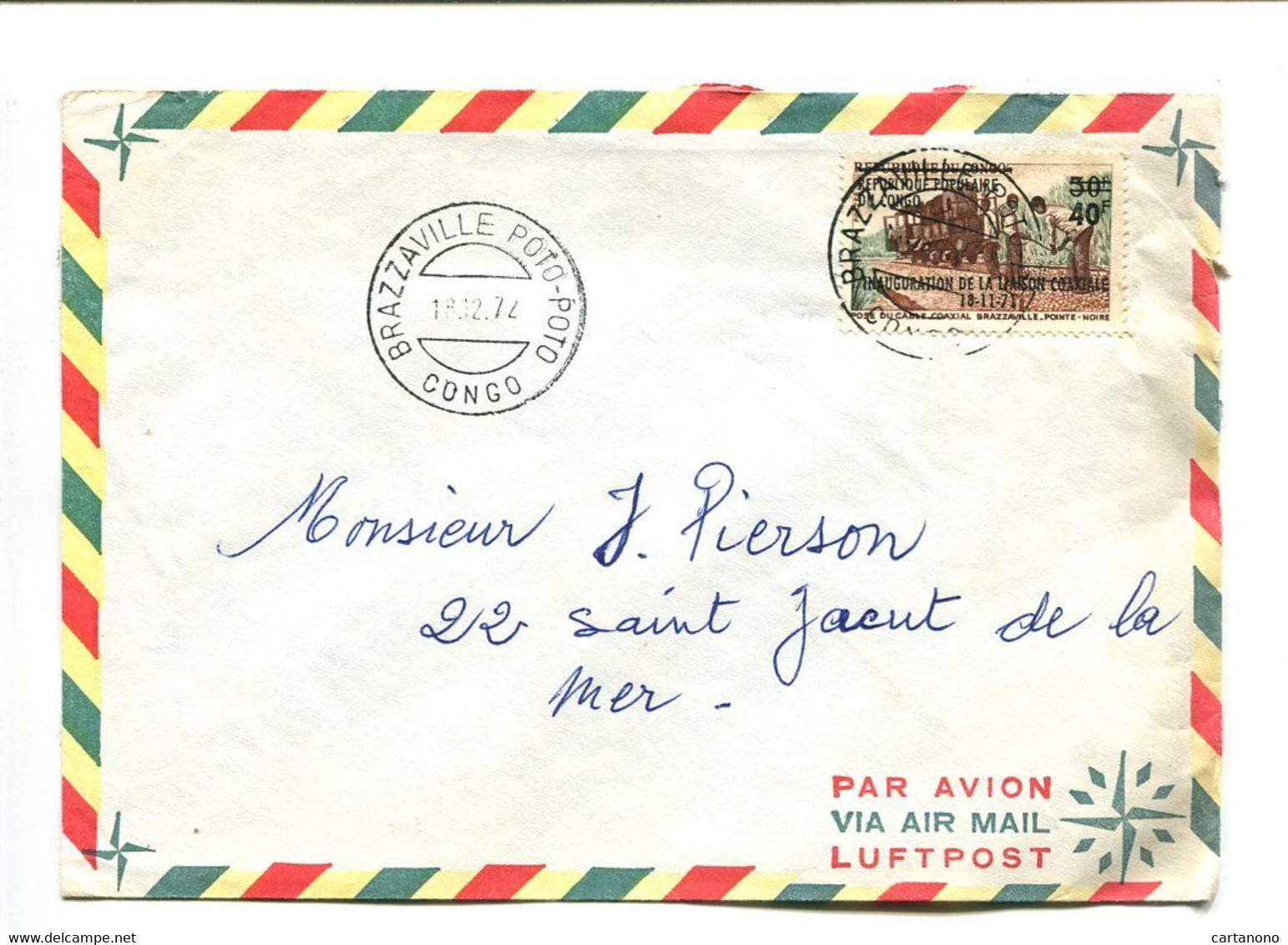 CONGO Brazzaville Poto Poto 1972 - Affranchissement Seul Sur Lettre Par Avion - Train Surch. 40F. Liaison Coaxiale - Altri & Non Classificati