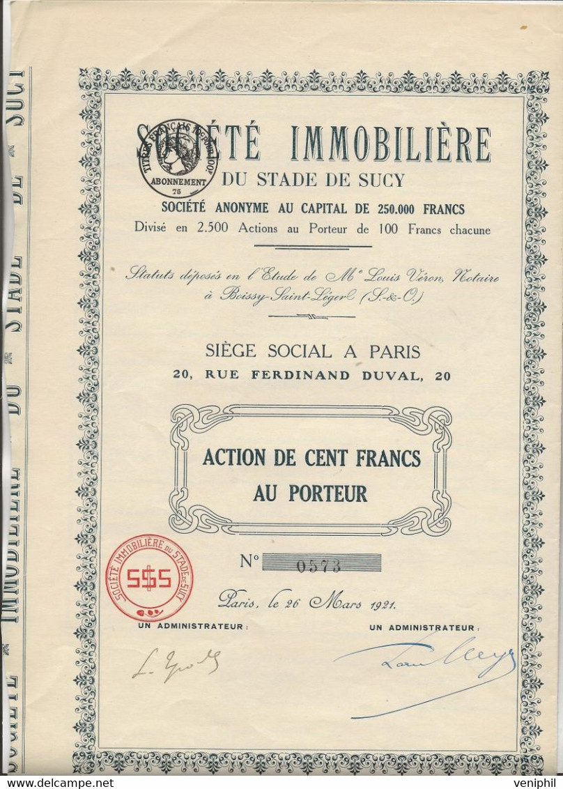 SOCIETE IMMOBILIERE DU STADE DE SUCY -VAL DE MARNE - DIVISE EN 2500 ACTIONS DE 100 FRS -ANNEE 1921 - Sport