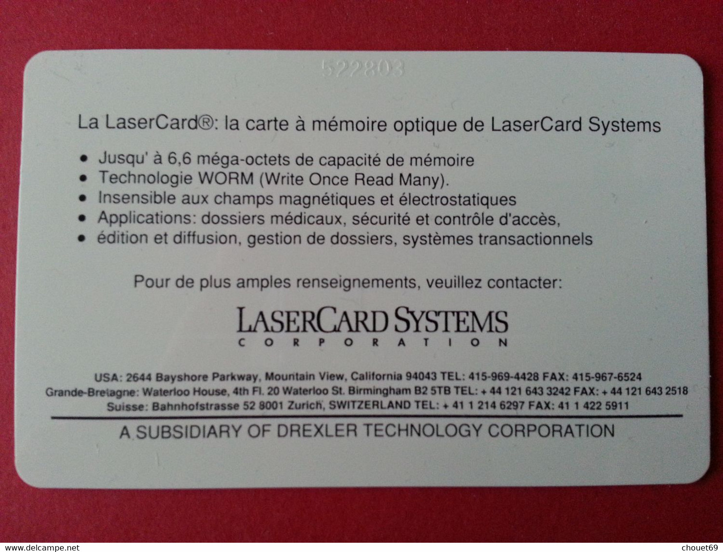 USA - Optical Memory Card DELA 4.1 MB - LaserCard Systems Laser Adresse Grande-Bretagne N° Verso (BR0621 Test Demo - Sonstige & Ohne Zuordnung