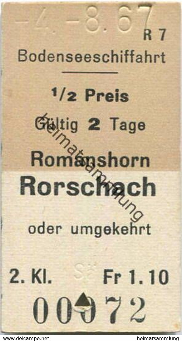 Schweiz - Bodenseeschiffahrt - Romanshorn Rorschach Oder Umgekehrt - Fahrkarte 1/2 Preis 1967 - Europe