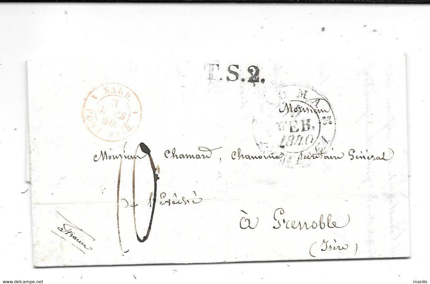 Entrée Type 15 PONT De B.1 -T.S.2 TRANSIT SARD.de ROMA Voie De Terre 1840 CHANOINE CHAMARD GRENOBLE De Prelate A.de RETZ - Entry Postmarks