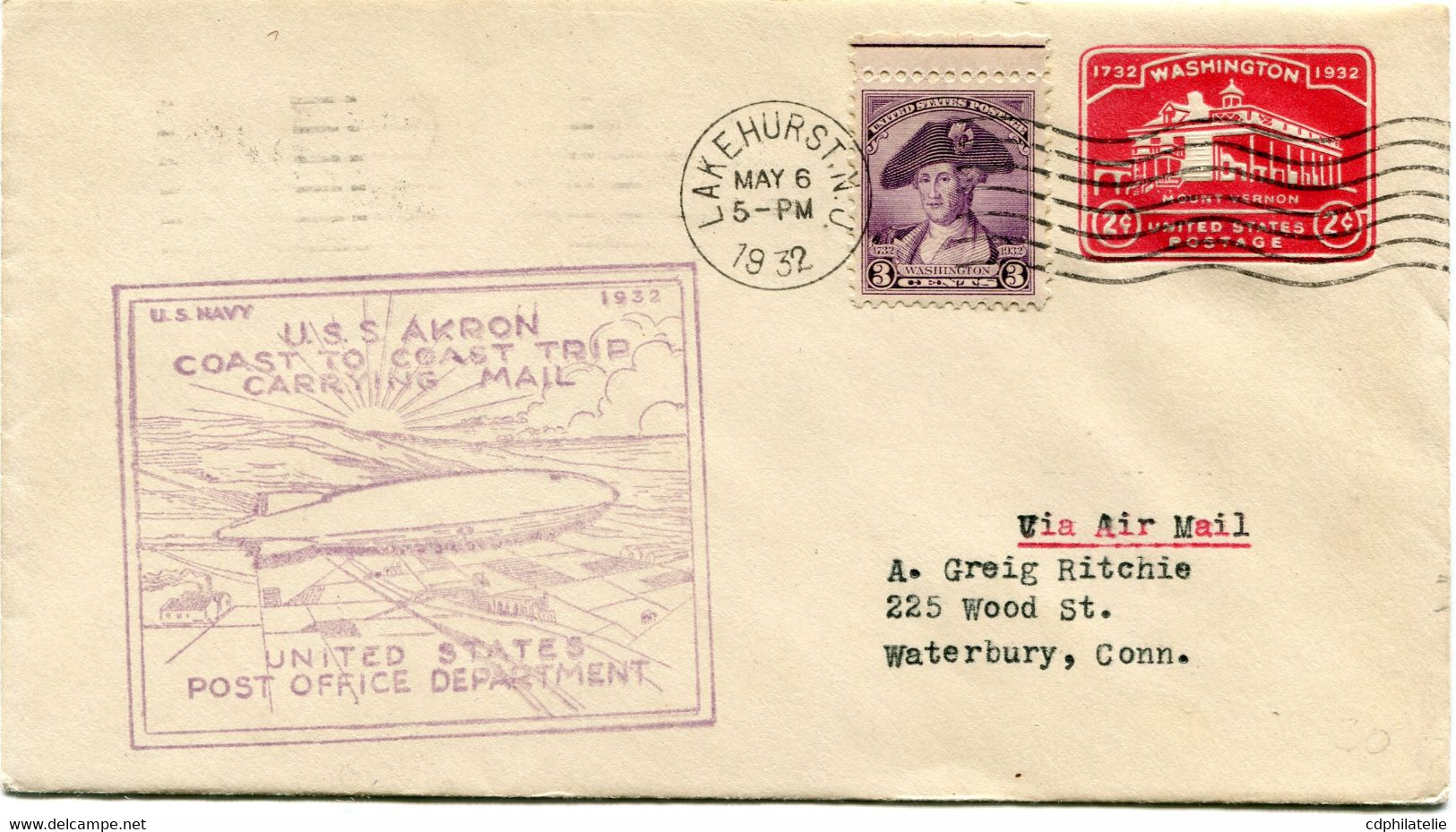 ETATS-UNIS ENTIER POSTAL AVEC AFFR COMPL + CACHET ILLUSTRE " U.S. NAVY 1932 U.S.S. AKRON COAST TO TRIP CARRYING MAIL..." - Other & Unclassified