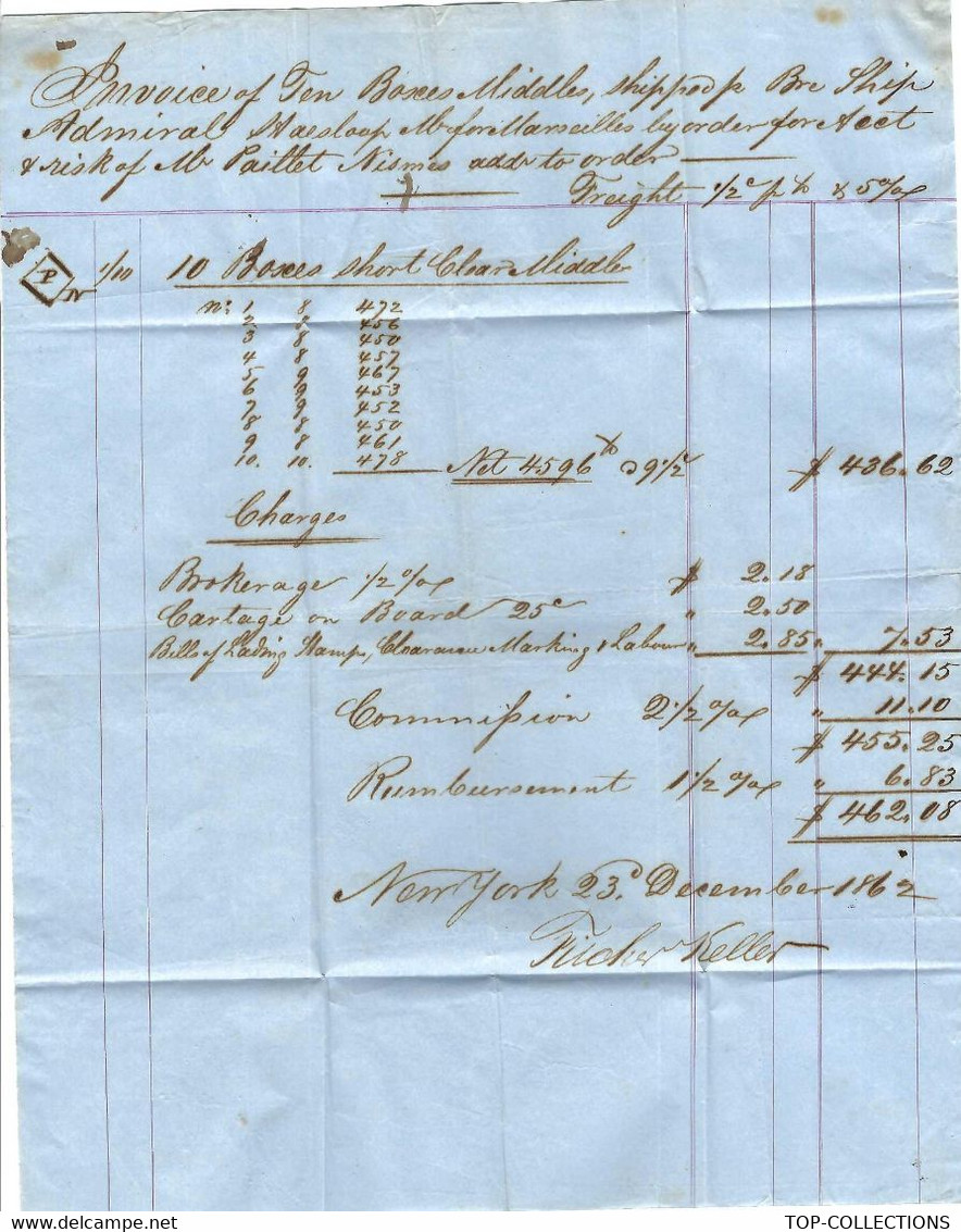 LAC 1862  New York "Fischer & Keller" Par Steamer Arabia Pour Nimes  France Paillet NEGOCE + COMPTE VENTE EN FRANCAIS.13 - Poststempel