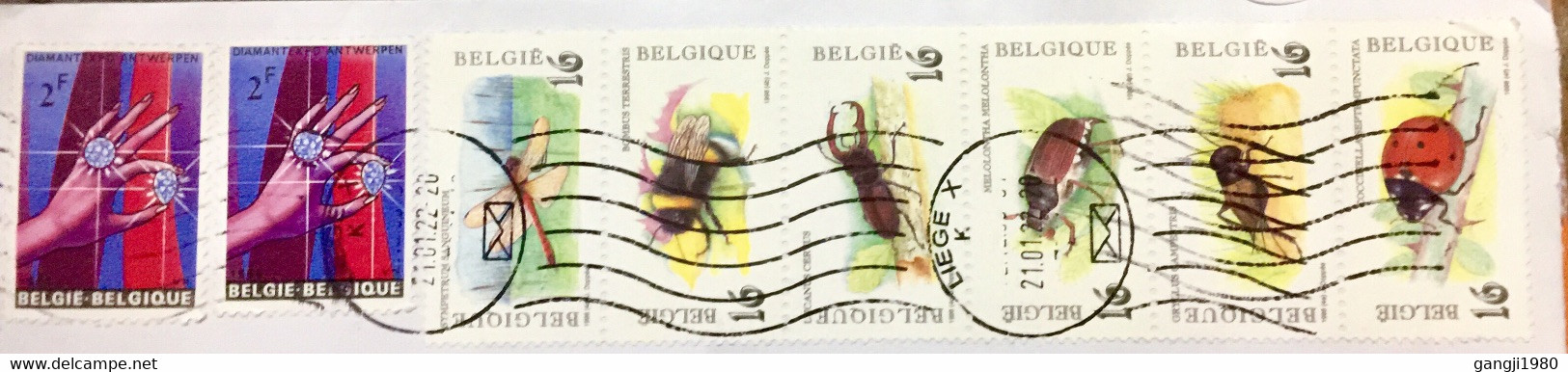 BELGIUM 2022, COVER USED TO INDIA, 1996 FULL SET OF 6 DIFF INSECT & 1965 DIAMOND, LIEGE CITY CANCEL, 8 STAMP - Covers & Documents