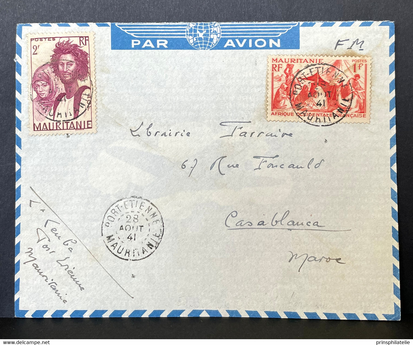 LETTRE EN FRANCHISE MILITAIRE DE PORT ETIENNE MAURITANIE PAR AVION => MAROC  COVER WW2 - Covers & Documents