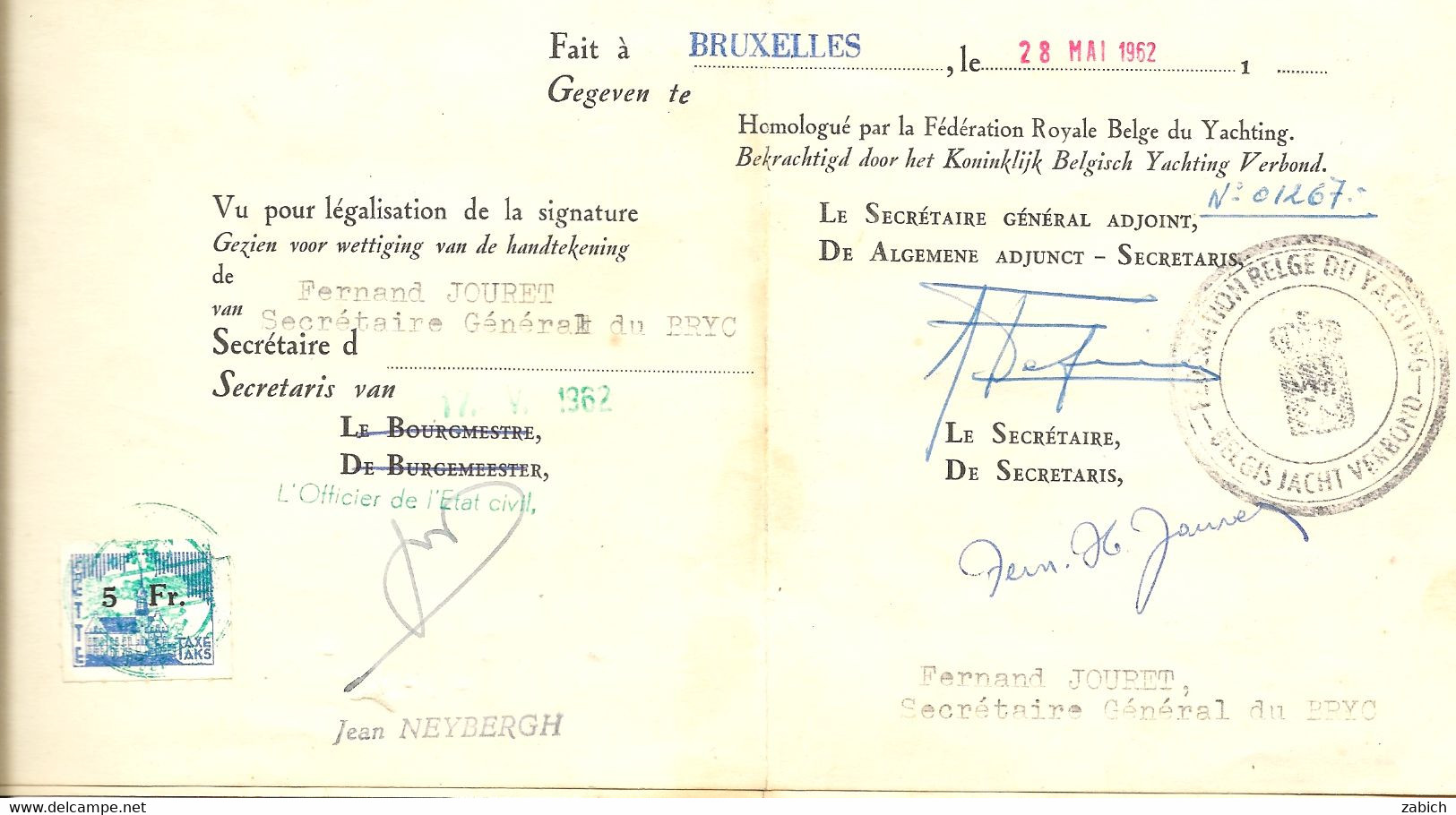 FISCAUX BELGIQUE BRUXELLE ROYAL YACHT CLUB ATTESTATION DE 1962 - Documents