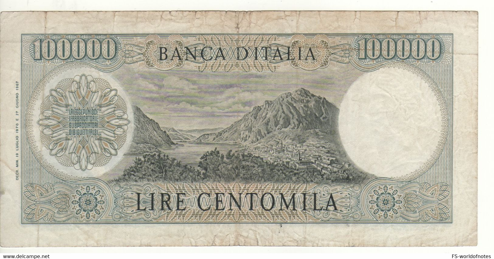 ITALY  100'000 Lire  P100b  Date  19.07.1970    "Alessandro Manzoni + Lake Come At Back"  Sign. Carli & Lombardo - 100000 Liras