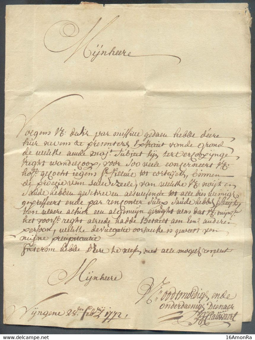 LAC De WIJNGENE Le 28 Février 1772  Via (griffe) BRUGES + Manuscrit 'Int Gevat' à Mr. VANDEN BROUCKE, Agent De Son Excel - 1714-1794 (Oesterreichische Niederlande)