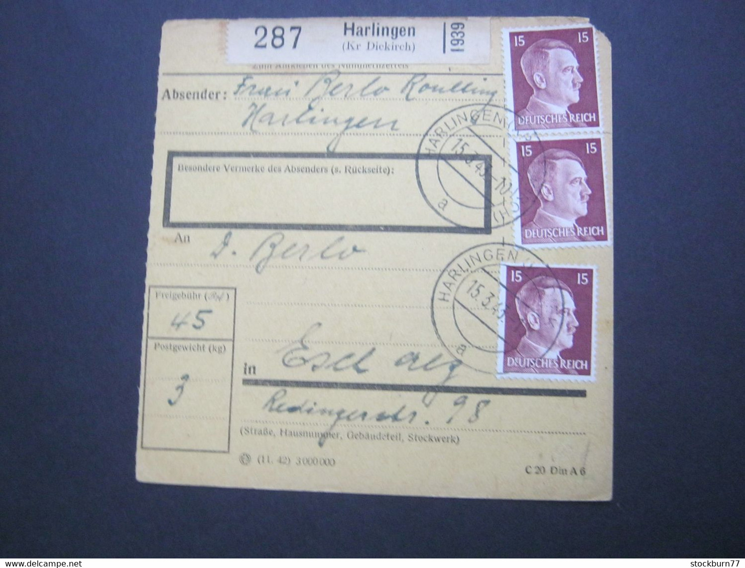 1943 , Paketkarte Aus HARLINGEN - 1940-1944 Duitse Bezetting