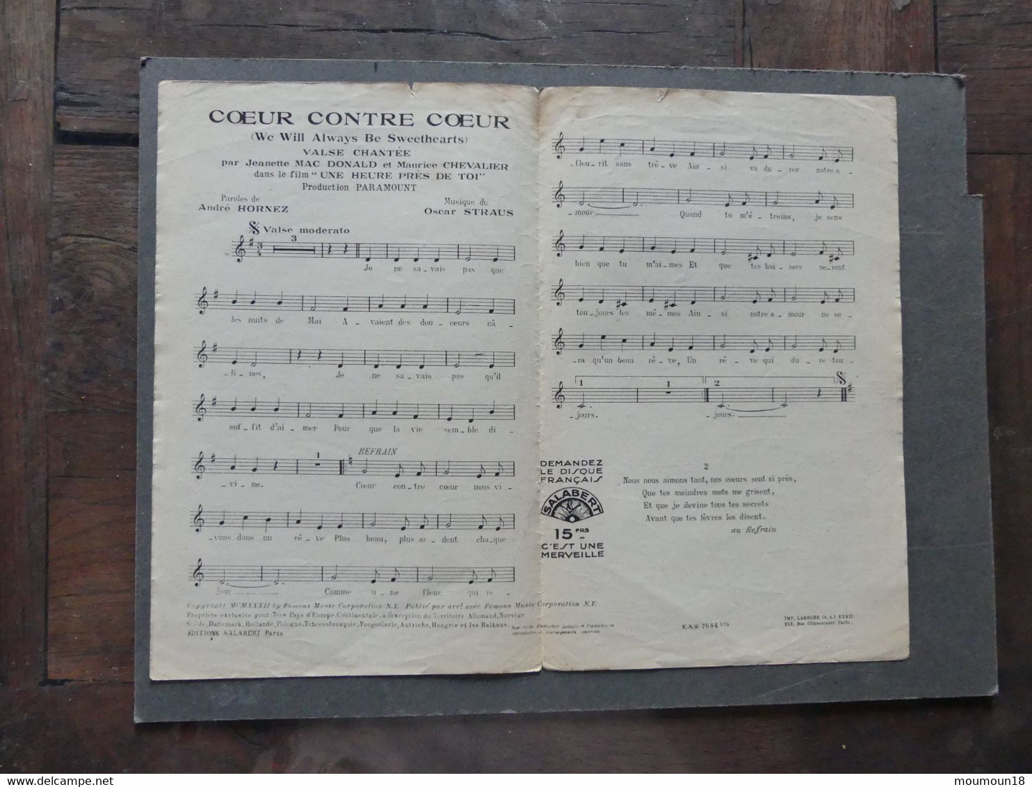 Cœur Contre Cœur We Will Always Be Sweethearts Maurice Chevalier Jeanette Mac Donald Salabert Film Une Heure Près De Toi - Film Music