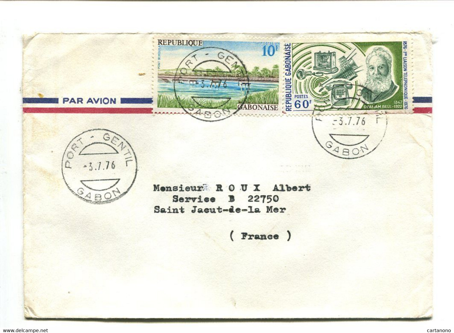 GABON Port Gentil 1976 - Affranchissement Sur Lettre Par Avion -  Graham Bell / Pont - Gabon (1960-...)