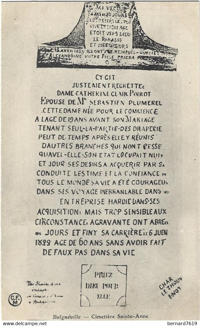 88  Bulgneville      -  Fac Simile   D'une Epitaphe  Au Cimetiere Sainte Anne - Bulgneville