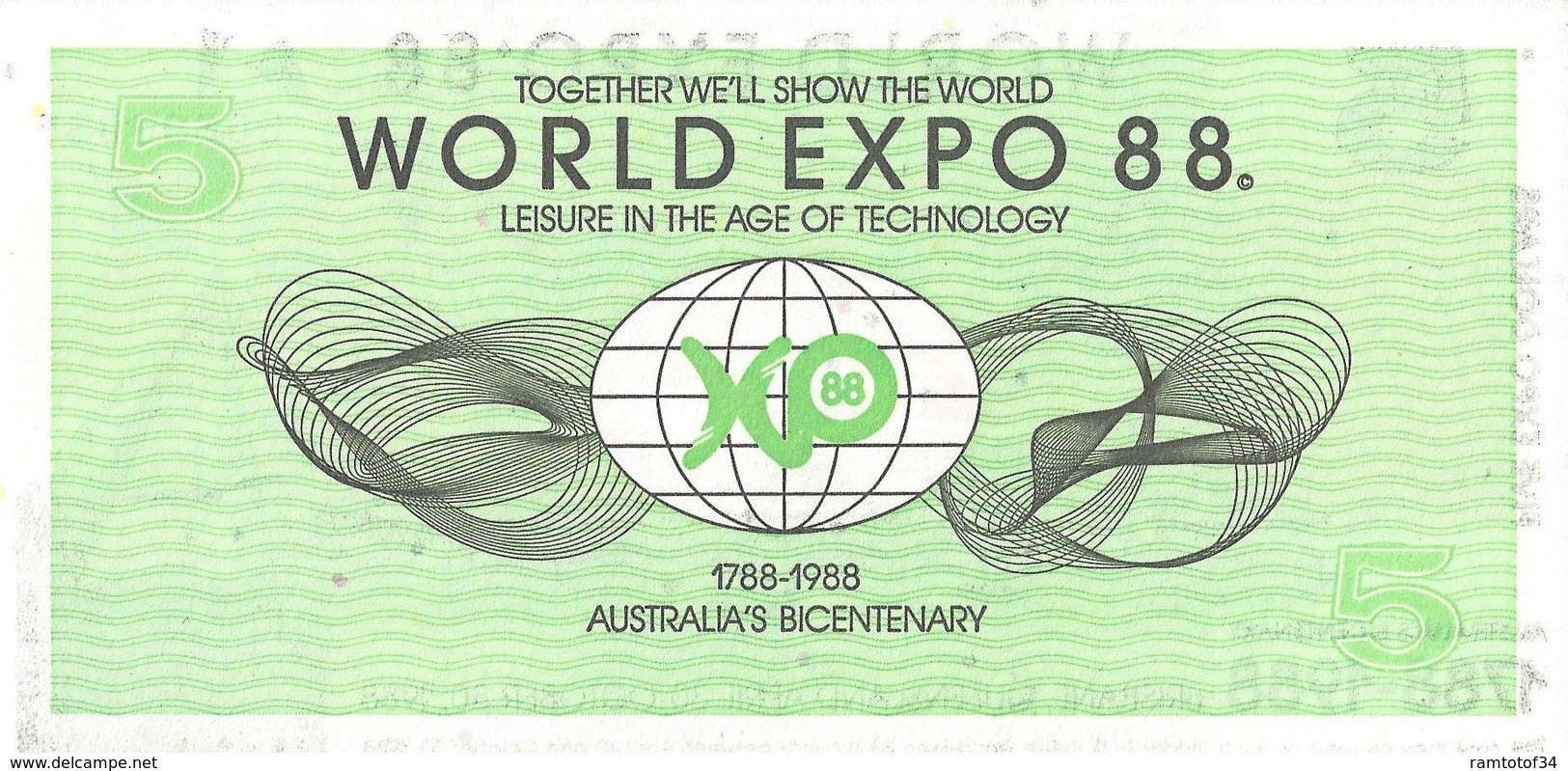 AUSTRALIE - World Expo 5 Dollars 1988 - UNC - 2005-... (polymère)