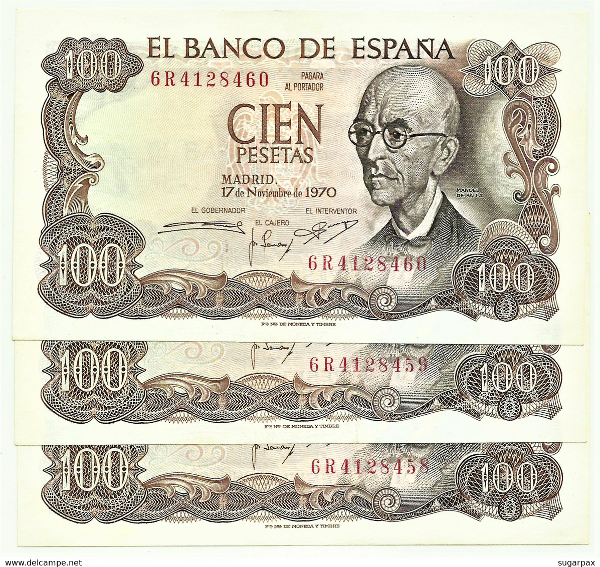 ESPAÑA - 3 X 100 Pesetas Consecutive - 17.11.1970 ( 1974 ) - Pick 152 - Serie 6R - Manuel De Falla - 100 Pesetas