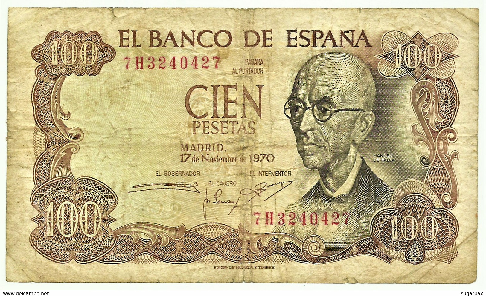 ESPAÑA - 100 Pesetas - 17.11.1970 ( 1974 ) - Pick 152 - Serie 7H - Manuel De Falla - 100 Pesetas