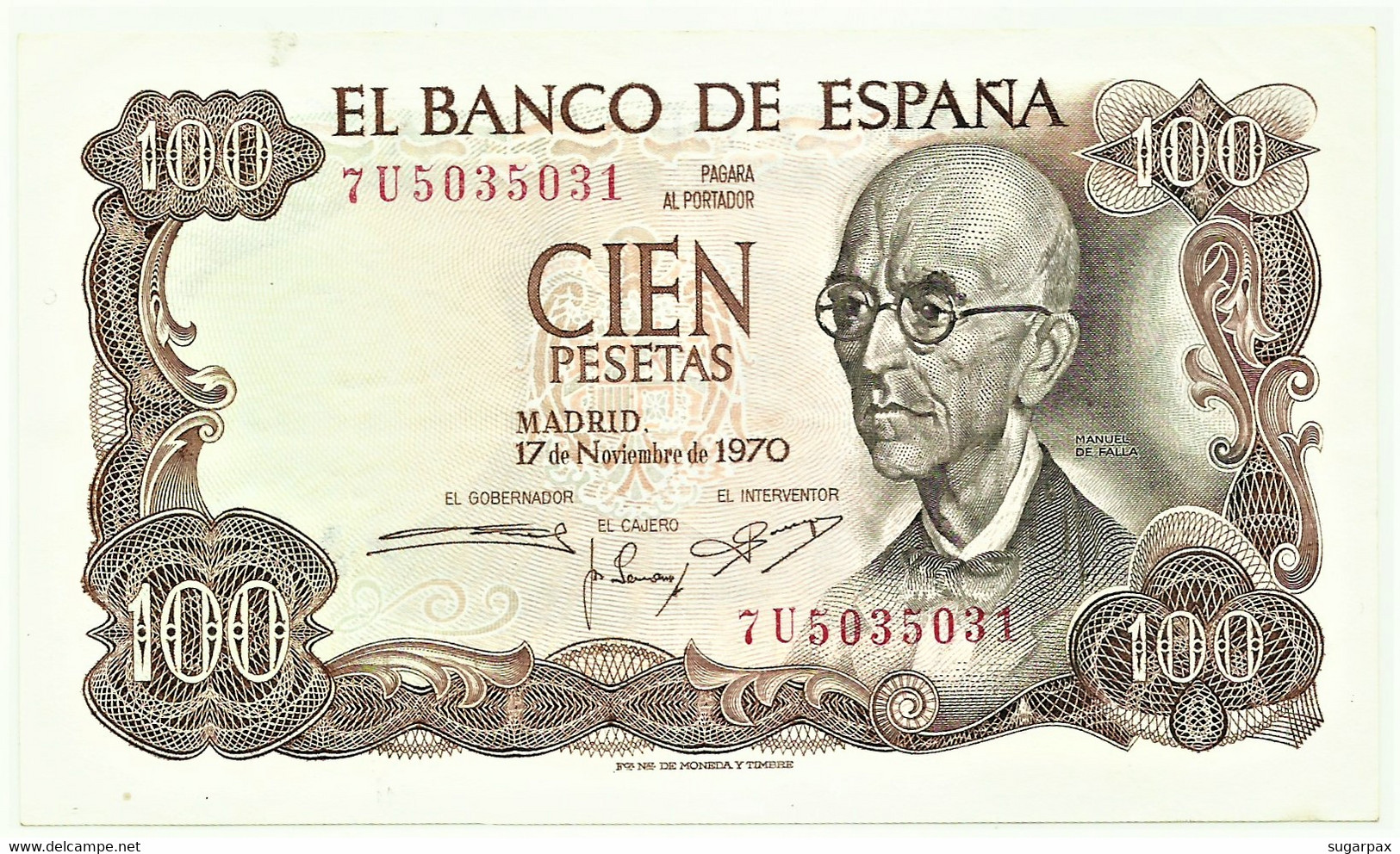 ESPAÑA - 100 Pesetas - 17.11.1970 ( 1974 ) - Pick 152 - Serie 7U - Manuel De Falla - 100 Pesetas