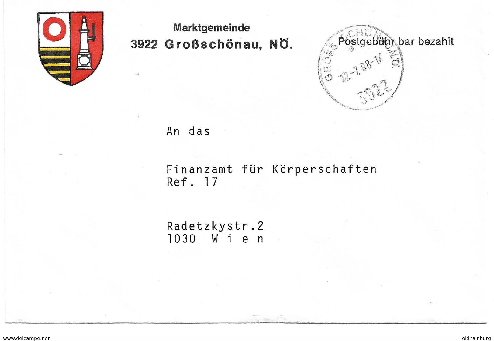 2040f: Gemeindeamts- Kuvert Gross Schönau, Ortswappen, Heimatbeleg Aus 1988 Sehr Dekorativ - Zwettl