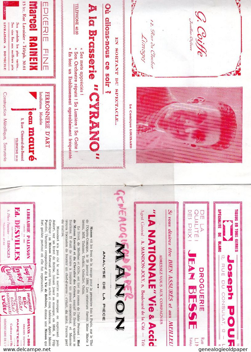 87- LIMOGES- PROGRAMME CIRQUE THEATRE OPERA-CAZAUTETS- MANON-NESPOULOUS-TALERAC-SAUVAGEOT-SCELLIER-RENAULT 4-BERNIS-