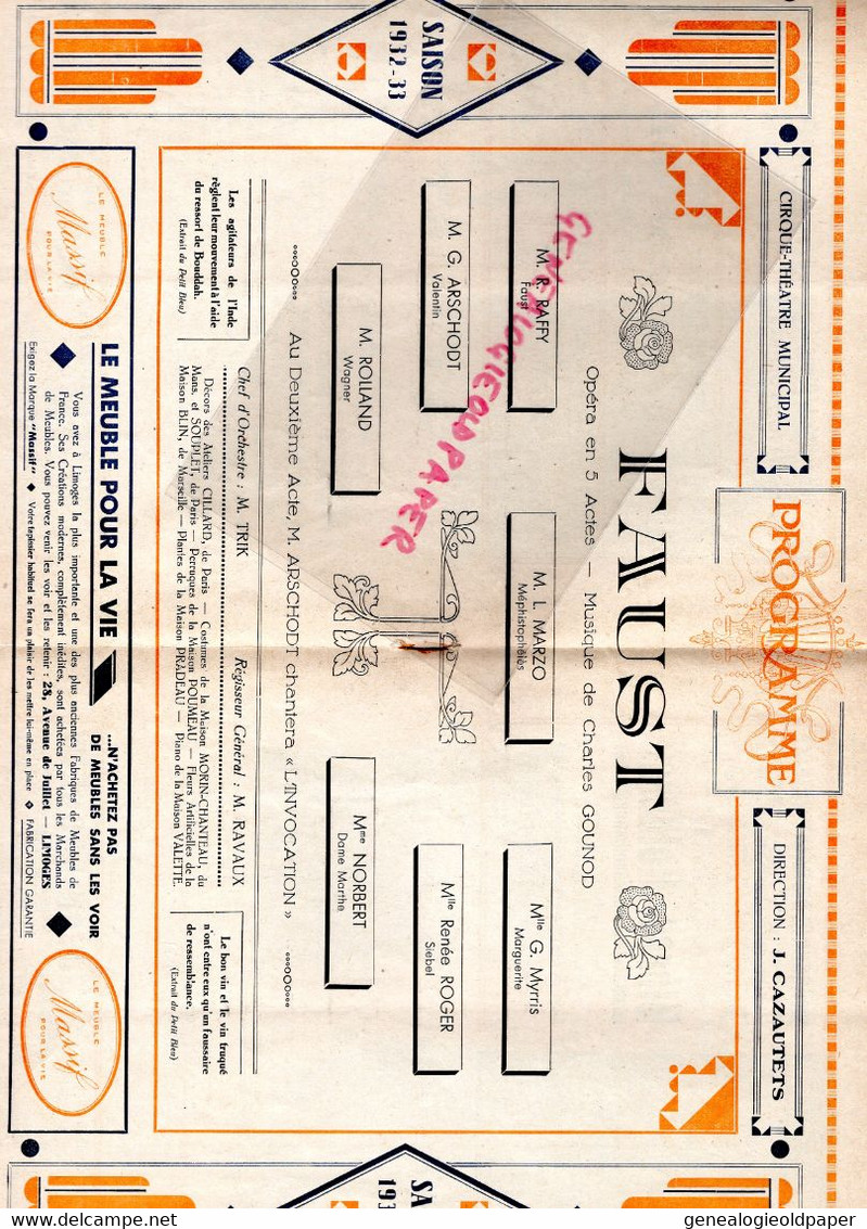 87- LIMOGES- PROGRAMME CIRQUE THEATRE OPERA-CAZAUTETS-FAUST-CENDRILLON-GOUNOD-1932-BERNIS-HOLDERER-QUEYROI-MAPATAUD-