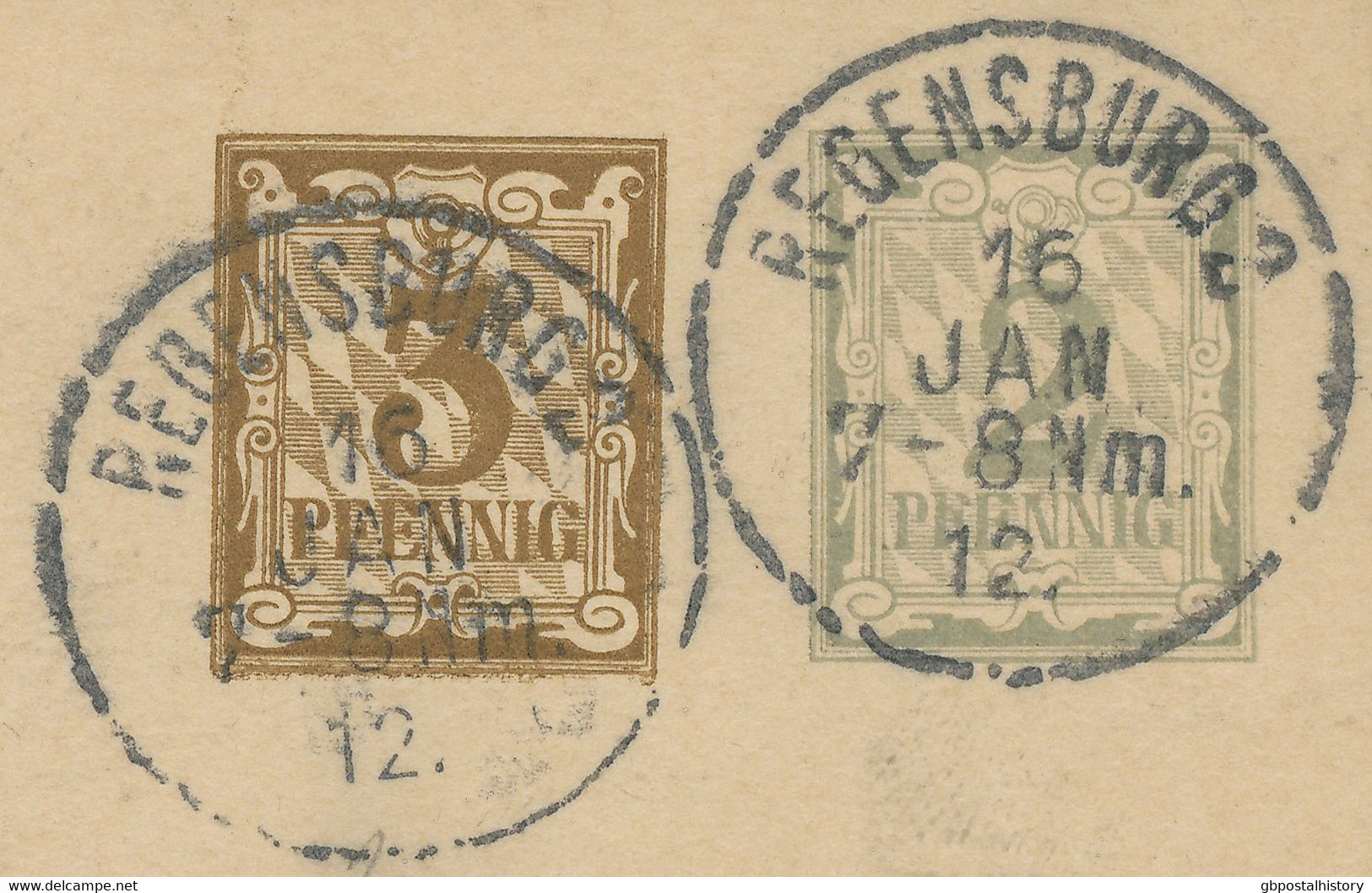 BAYERN 1912 3+2Pf GA REGENSBURG 2 ABART: Wertstempel 3 Pf Wesentlich Tiefer Und Mit Doppeldruck Der Bodenlinie, Rechter - Enteros Postales