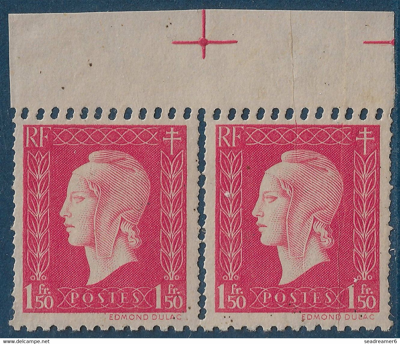 France DULAC N°691** Paire BDFeuille Variété Exceptionelle De Double Piquague RRR Signé CALVES - 1944-45 Marianne De Dulac