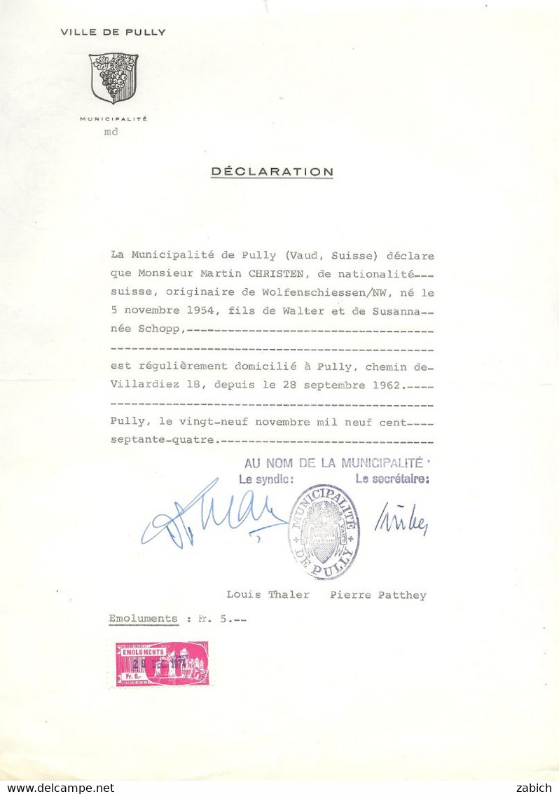 FISCAUX SUISSE CANTON DE VAUD  Ville De PULLY Emoluments 5 FR Rouge 1964 - Steuermarken