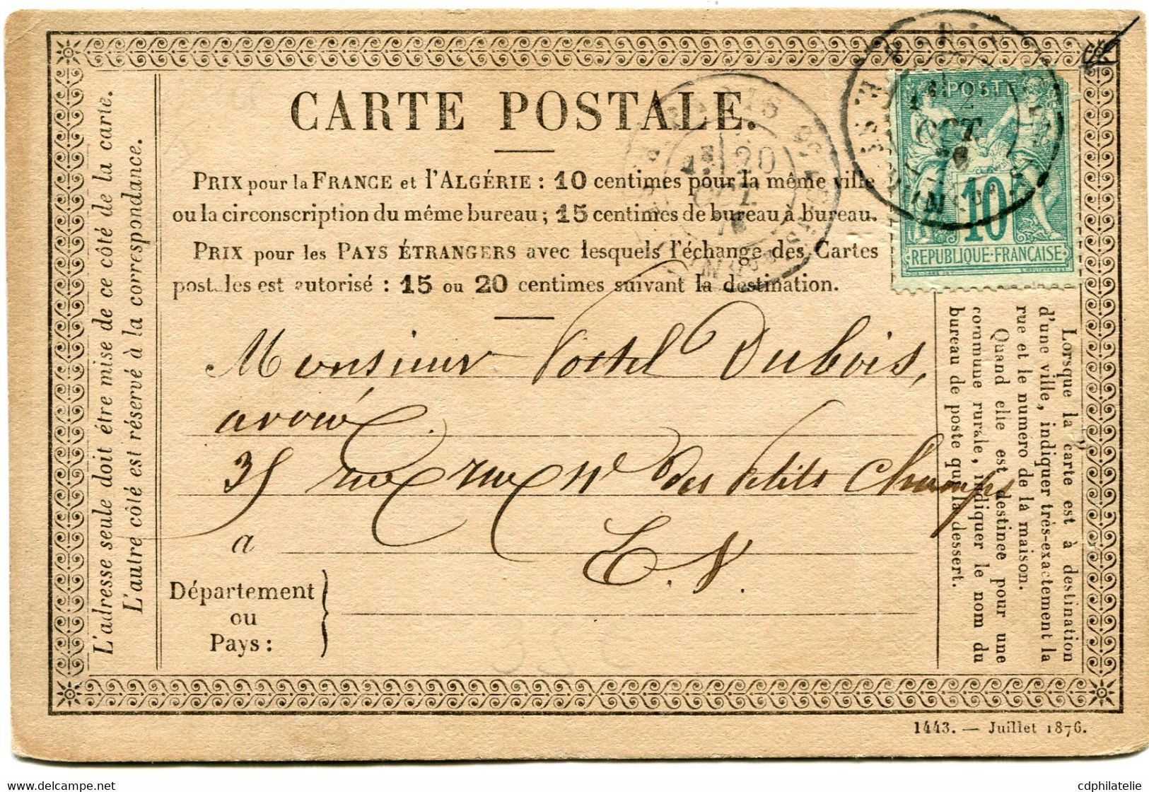 FRANCE CARTE PRECURSEUR AFFRANCHIE AVEC LE N°65 DEPART PARIS 2 0CT 76 POUR LA FRANCE - Precursor Cards