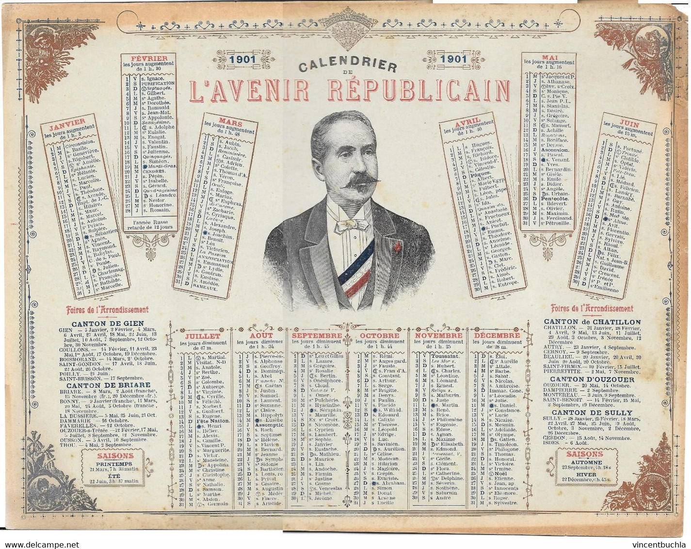 Calendrier De L'Avenir Républicain 1901 Feuille Cartonnée 32 X 24,5cm Foires Ardsmnt Gien Briare Chatillon Ouzouer Sully - Groot Formaat: 1901-20