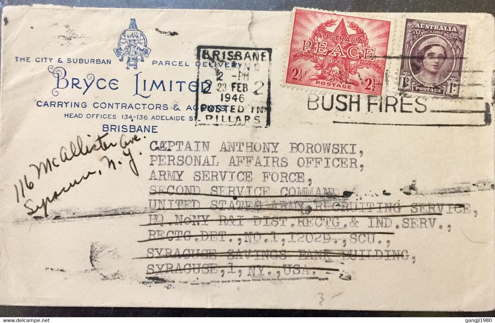 AUSTRALIA 1946, USED COVER BRISBANE POSTED IN PILLARS SQUARE SLOGAN BUSH FIRE CANCELLATION TO USA PRIPRINTED BRYCE LIMIT - Briefe U. Dokumente