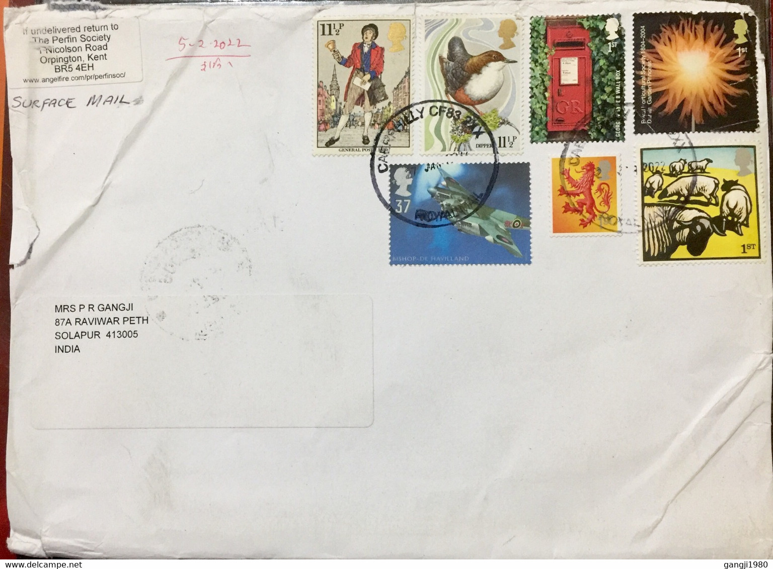 GREAT BRITAIN 2022, USED COVER TO INDIA,7 DIFFERENT STAMPS ,EARLY POSTMAN & POSTBOX ,AEROPLANE,BIRD,CATTLE ,LION, FLOWER - Unclassified