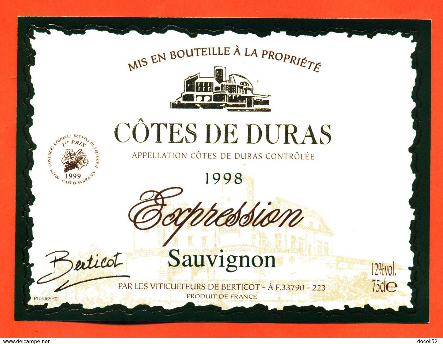 Etiquette Neuve De Vin Cotes De Duras Expression Sauvignon 1998 Viticulteurs De Berticot - 75 Cl - Vin De Pays D'Oc