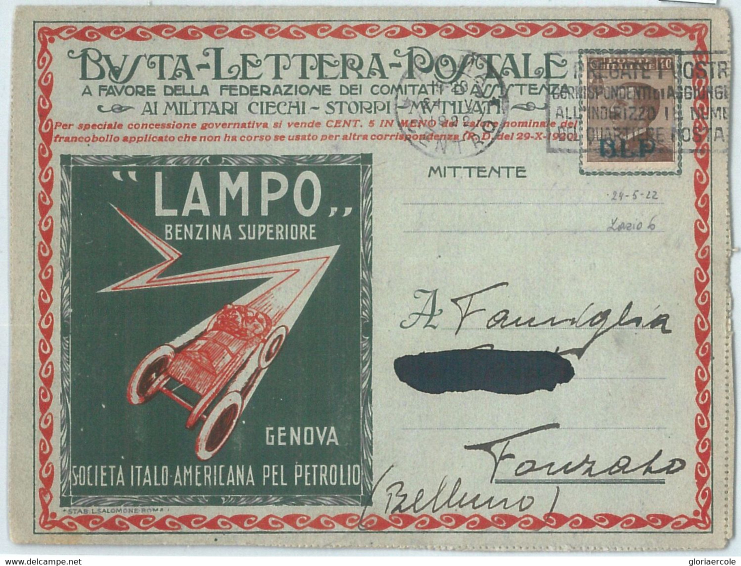 69602 - ITALY - POSTAL HISTORY - BLP Advertising COVER # 4 - AUTO Petrol CARS - Timbres Pour Envel. Publicitaires (BLP)