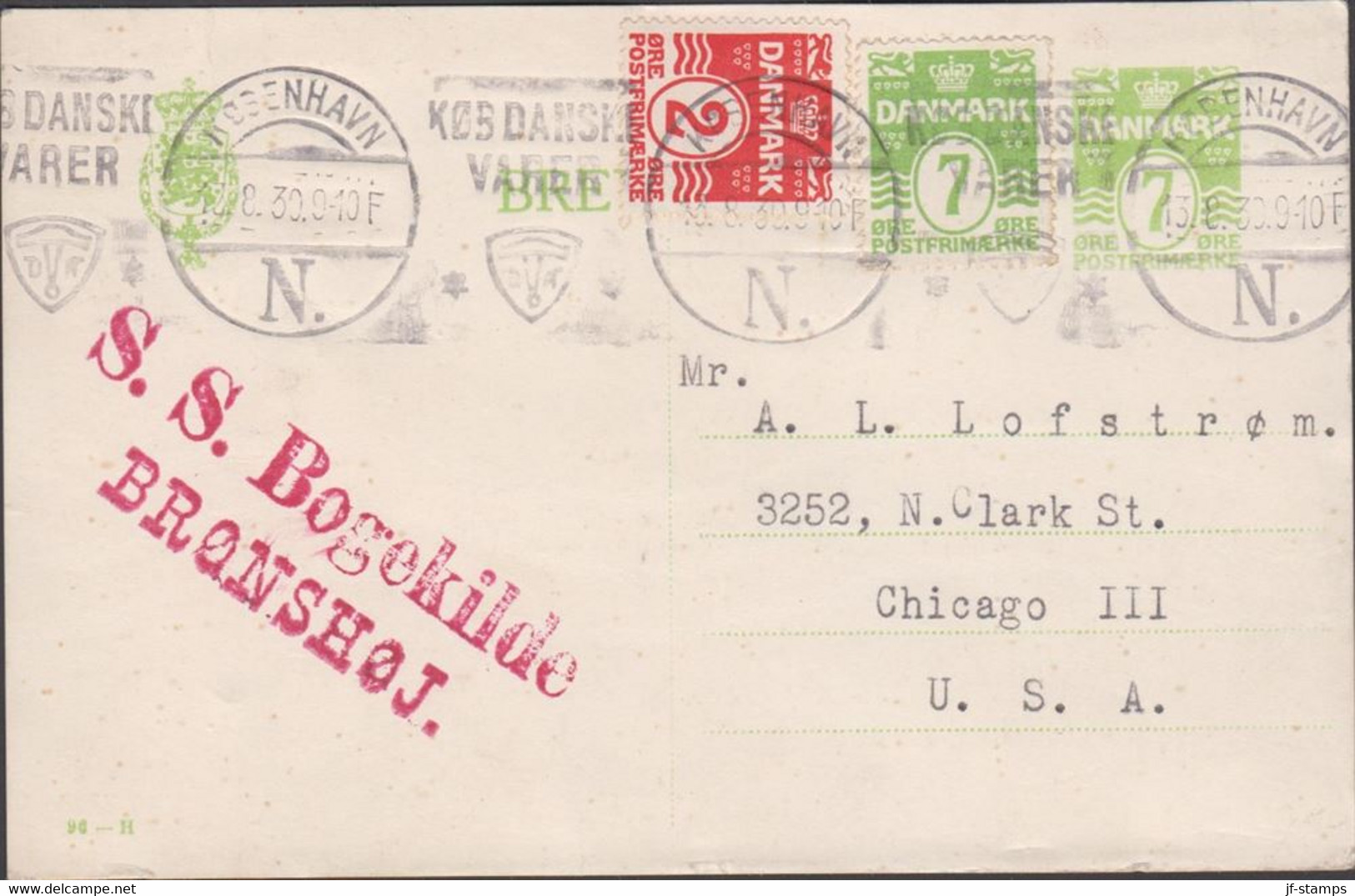 1930. DANMARK. BREVKORT 7 ØRE Print 96-H + 2 + 7 øre To Chicago, USA Cancelled KØBENHAVN KØB DANSKE VARER ... - JF516800 - Briefe U. Dokumente