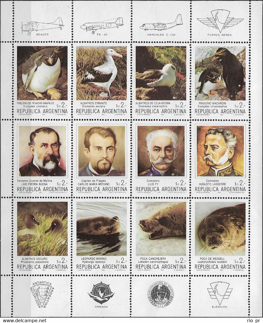 ARGENTINA - FULL SHEET ANTARCTIC PIONEERS AND FAUNA 1983 - MNH - Antarktischen Tierwelt