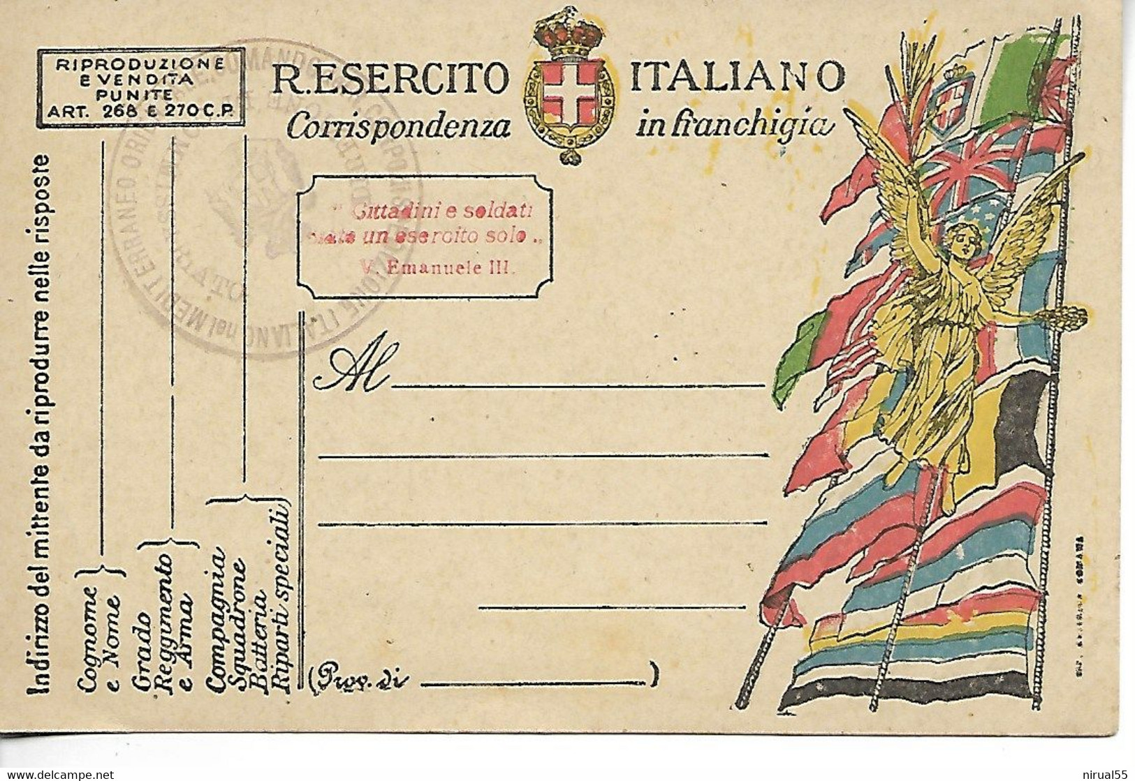 14 18 Italie Carte FM R. ESERCITO ITALIANO + Cachet Italiano Nel Méditerrano Orientale Commando... 1918    ..G - Autres & Non Classés