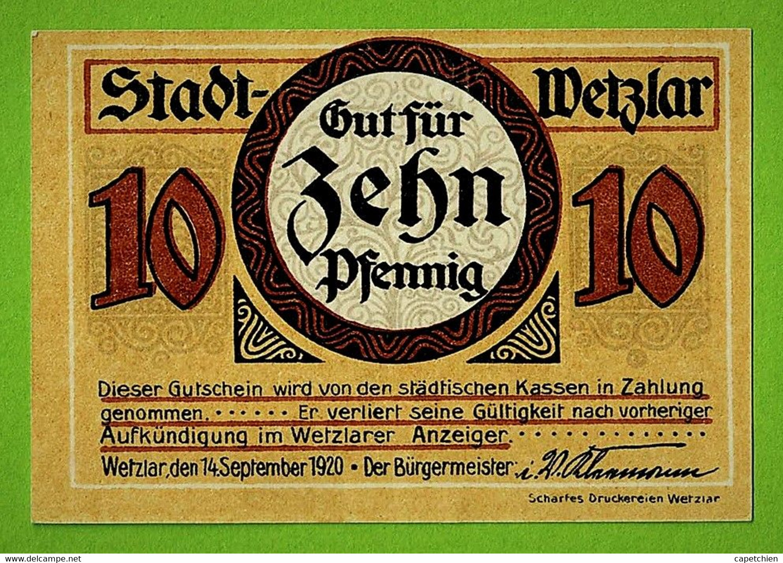 ALLEMAGNE / WETZLAR / 10 PFENNIG / NOTGELD / 14 SEPTEMBRE 1920 / N° SERIE B 77201 - Non Classés