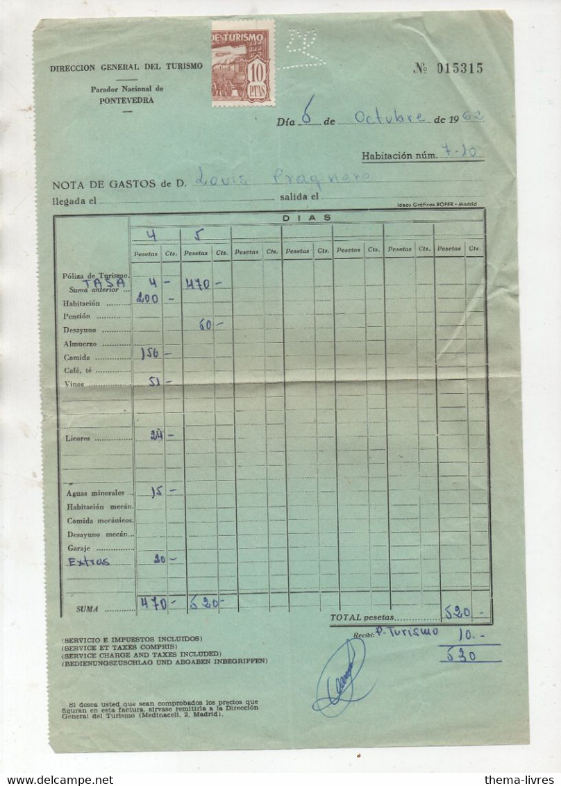 Pontevedra  (Espagne ) Facture 1962  PARADOR NACIONAL (avec Timbre Fiscal) (PPP34756) - Espagne