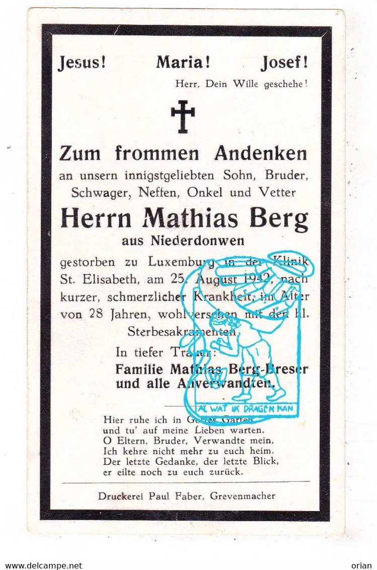 Devotion Images - DP Mathias Berg / Breser 28J. ° Niederdonven Flaxweiler  Grevenmacher LUX 1914 † Luxemburg 1942