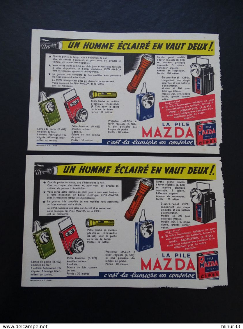 MAZ-H01 - 2 Buvards - Pile MAZDA – Un Homme éclairé En Vaut Deux  - Voir Scans - Batterijen