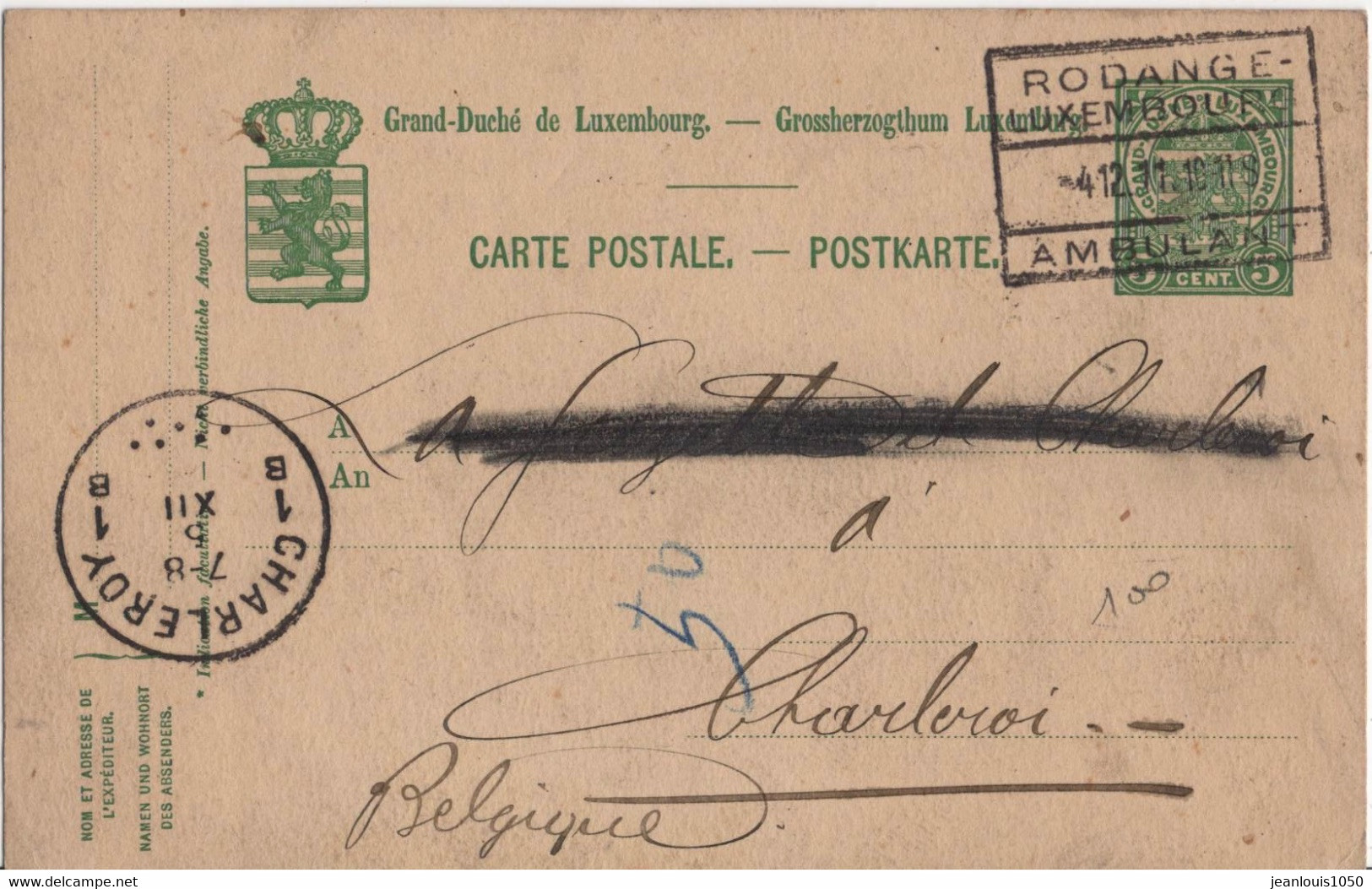 LUXEMBOURG ENTIER POSTAL 1911 OBLITERE AMBULANT RODANGE-LUXEMBOURG POUR LA BELGIQUE - Maschinenstempel (EMA)