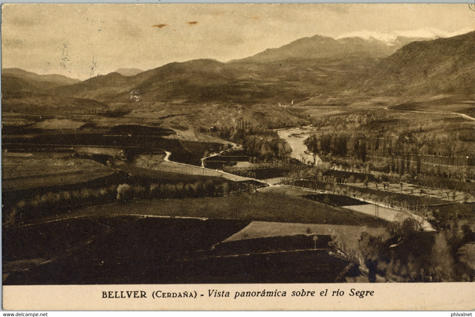 1932  , LÉRIDA , T.P. CIRCULADA ENTRE BELLVER Y MADRID , MAT. CARTERIA EN COLOR VIOLETA , VISTA PANORÁMICA SOBRE EL RIO - Lettres & Documents